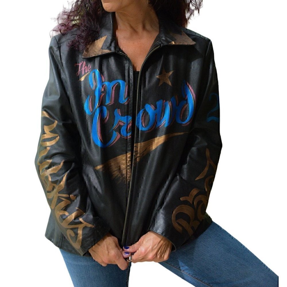 Vintage black hip length leather jacket, hand painted blue, bronze, metallic